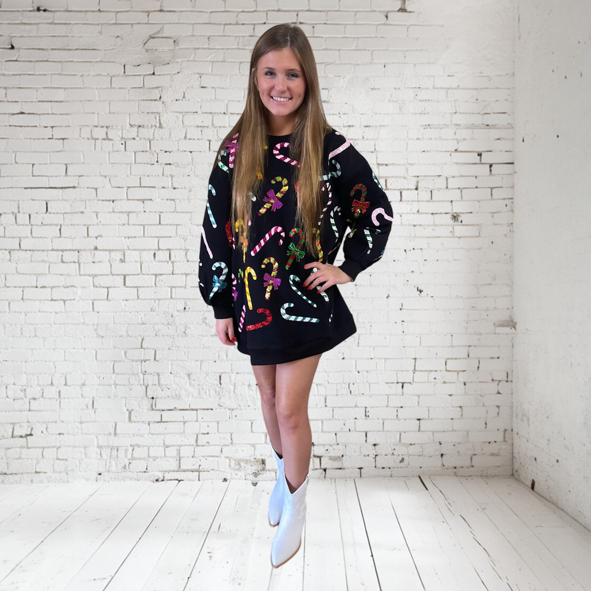 BLACK RAINBOW CANDY CANE SWEATSHIRT DRESS