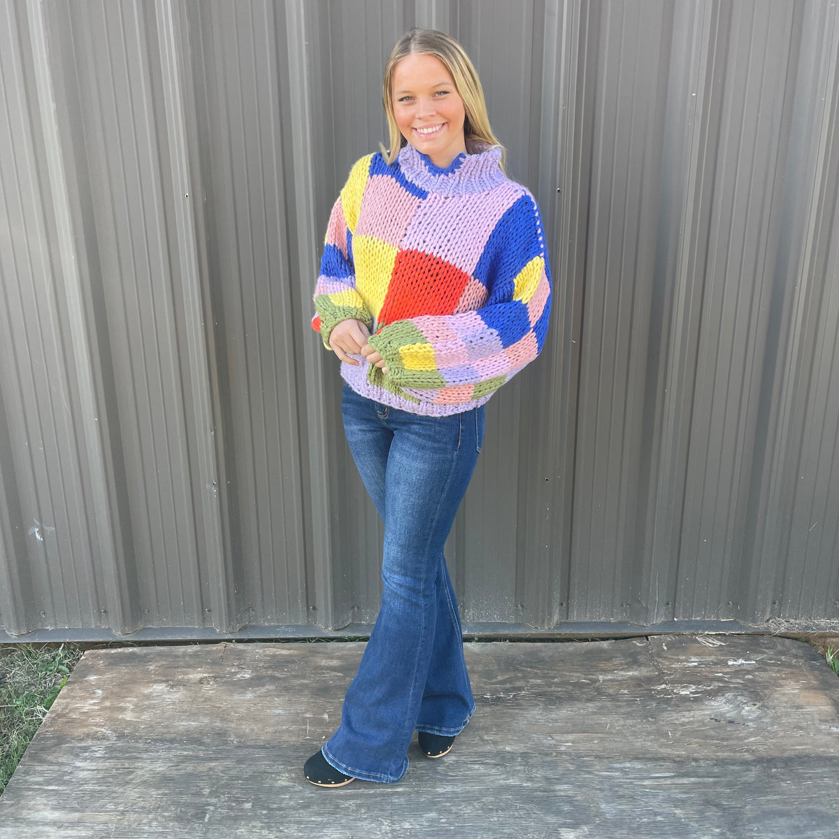 MULTI COLORBLOCK CROCHET MOCK SWEATER