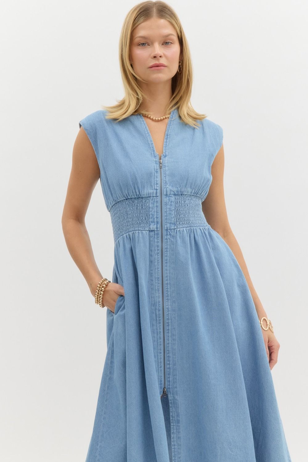 DENIM SMOCKED WAIST MIDI DRESS