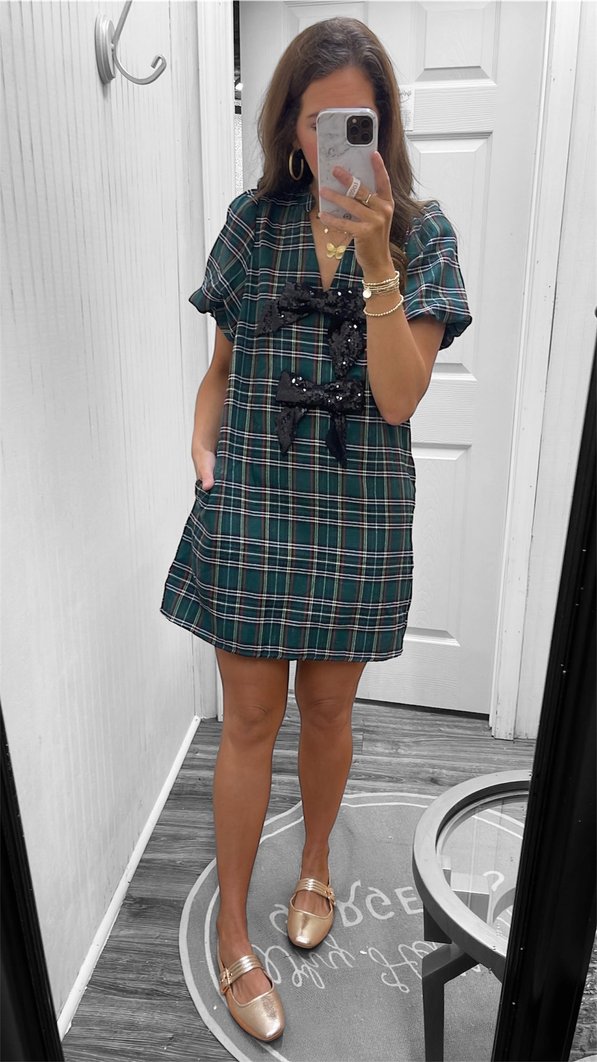 GREEN SEQUIN BOW PLAID DRESS