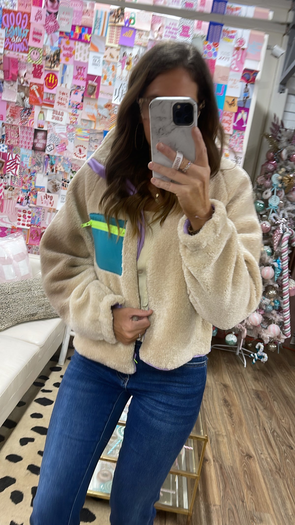 IVORY COLOR-BLOCK RETRO ZIP JACKET