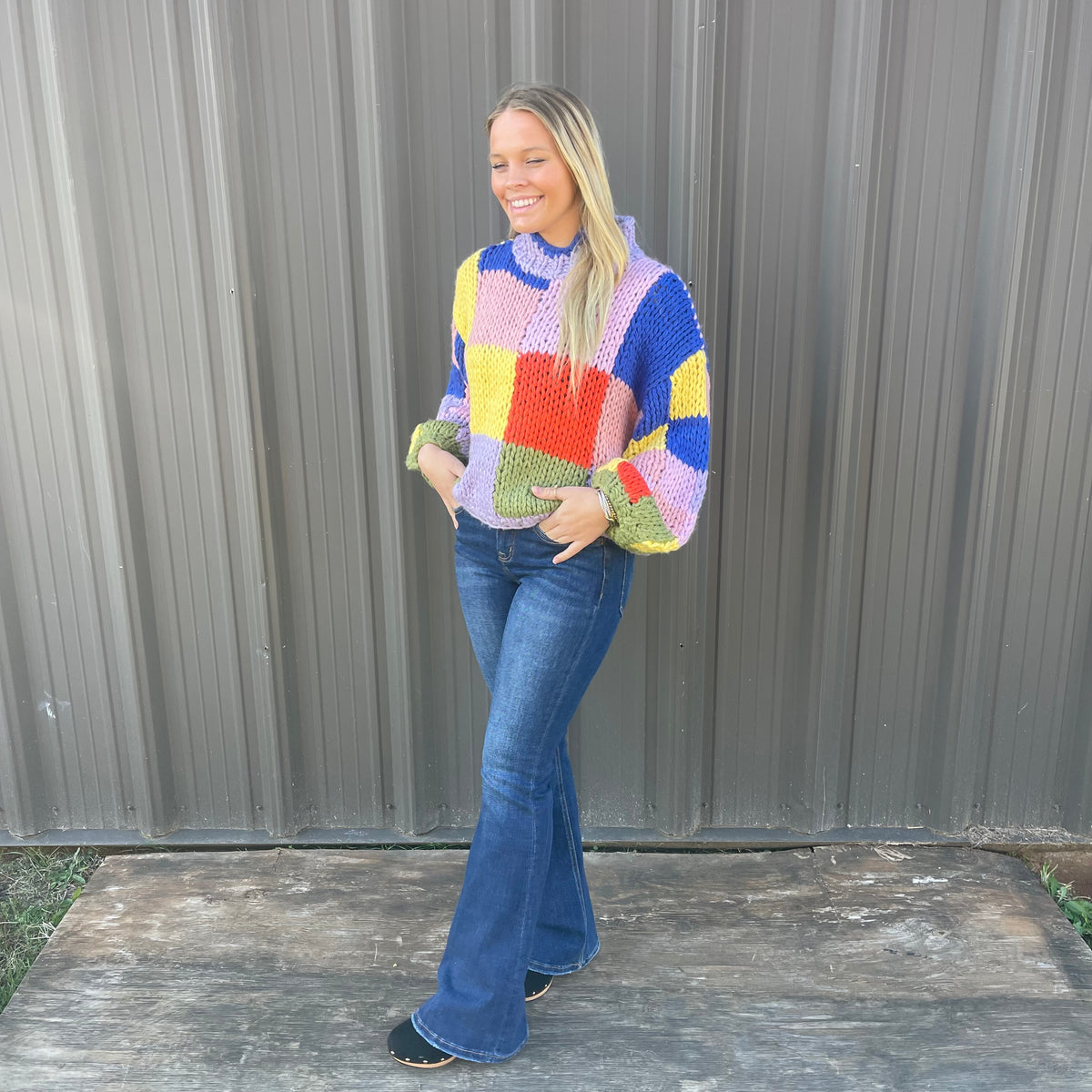 MULTI COLORBLOCK CROCHET MOCK SWEATER