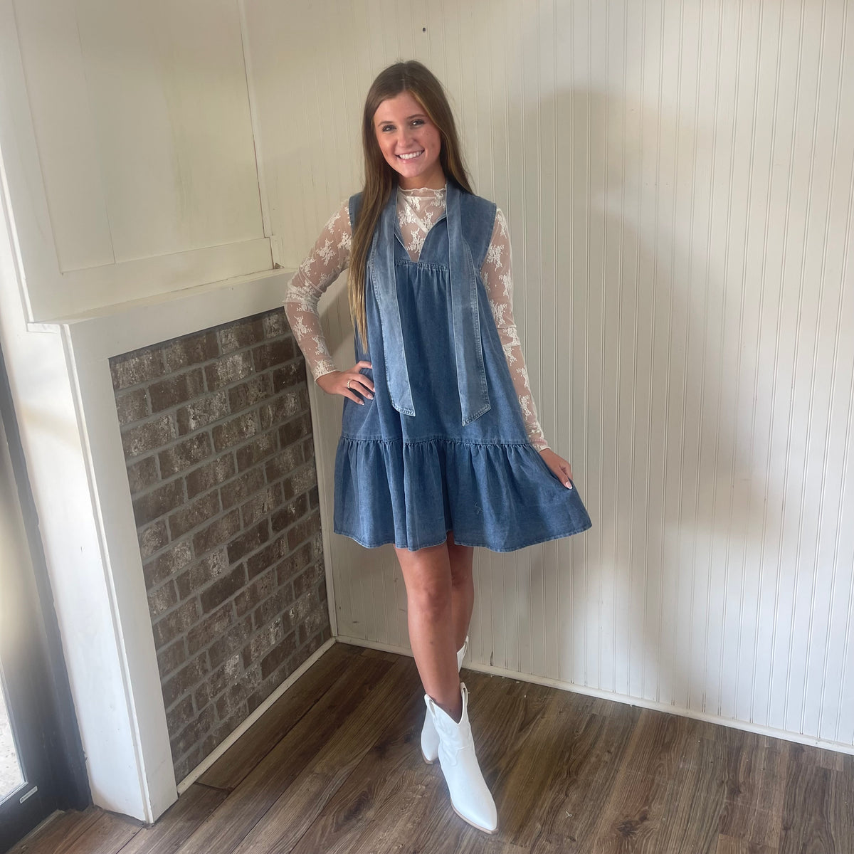 LT DENIM TIE NECK DRESS