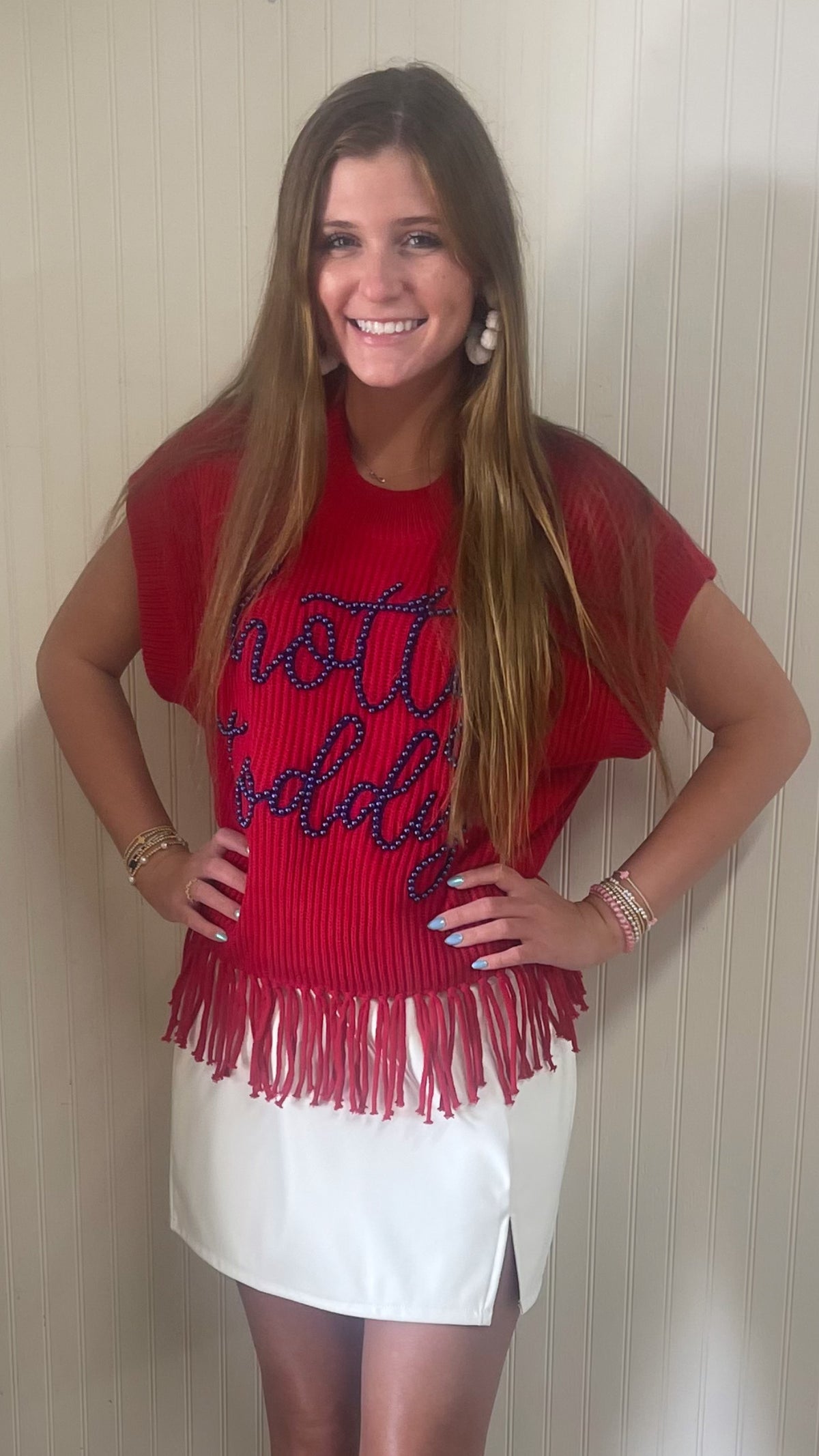 QOS OLE MISS FRINGE SWEATER TOP