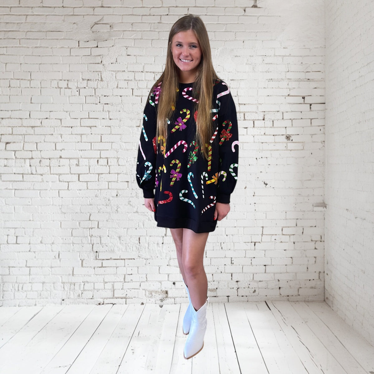 BLACK RAINBOW CANDY CANE SWEATSHIRT DRESS