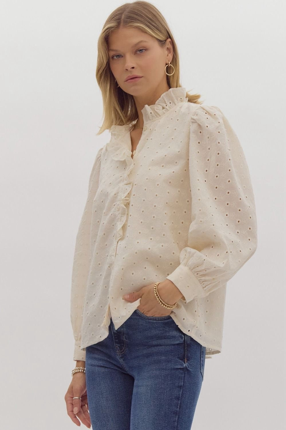 CREAM EYELET RUFFLE BUTTON BLOUSE