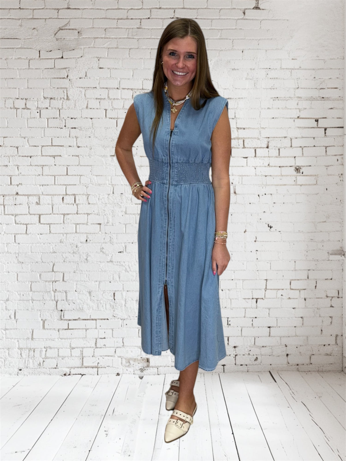 DENIM SMOCKED WAIST MIDI DRESS