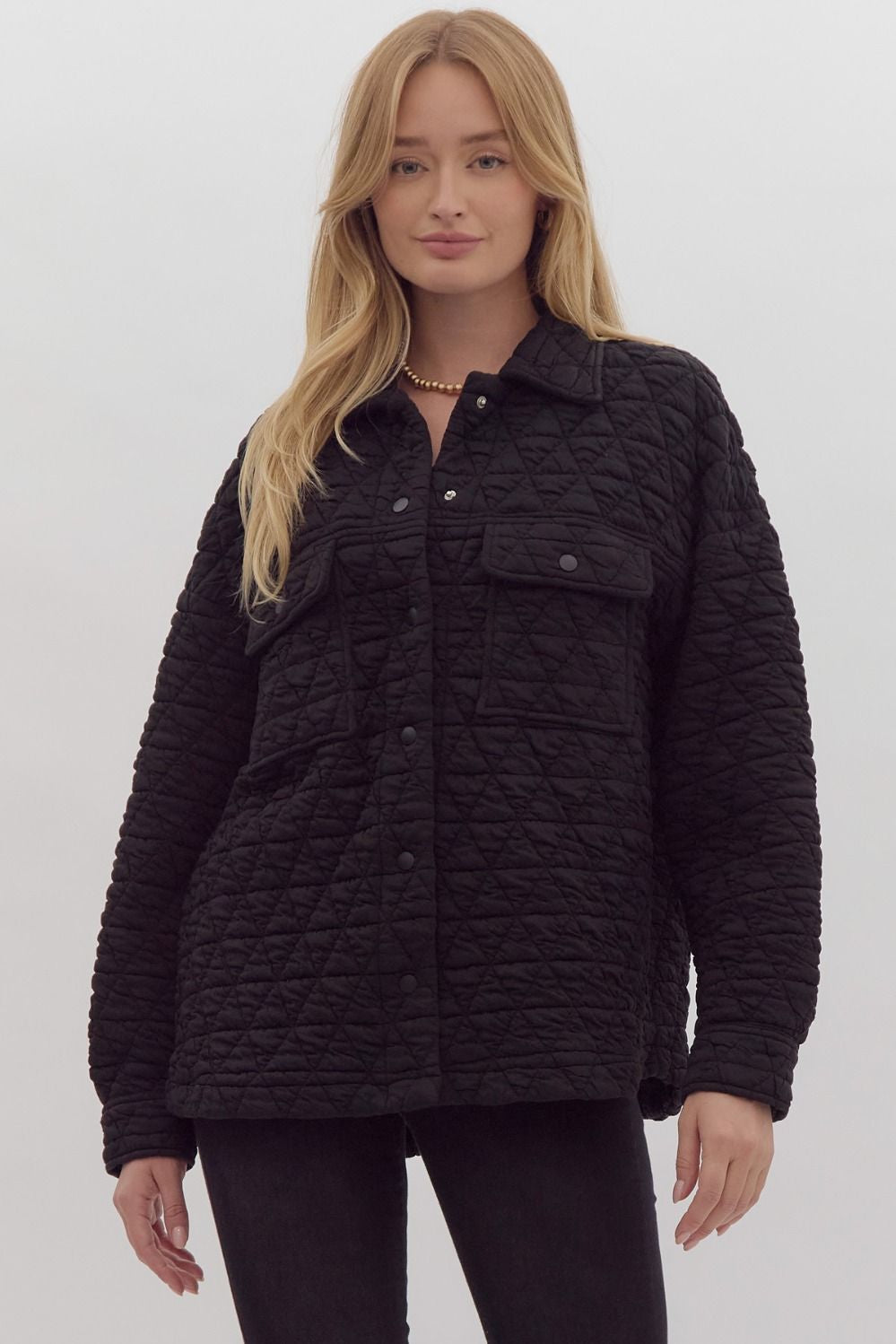 BLACK QUILTED LONG SLV SHACKET