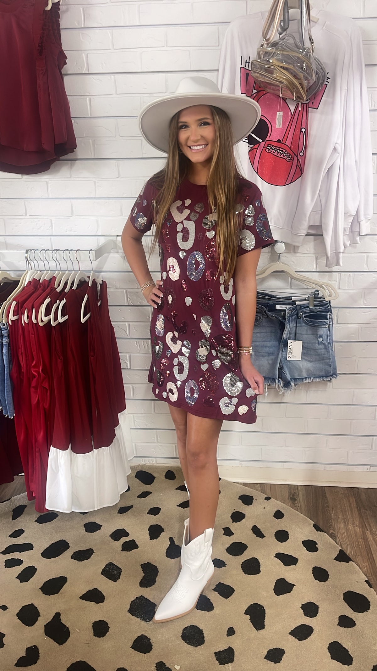 QOS MAROON LEOPARD SEQUIN TEE DRESS