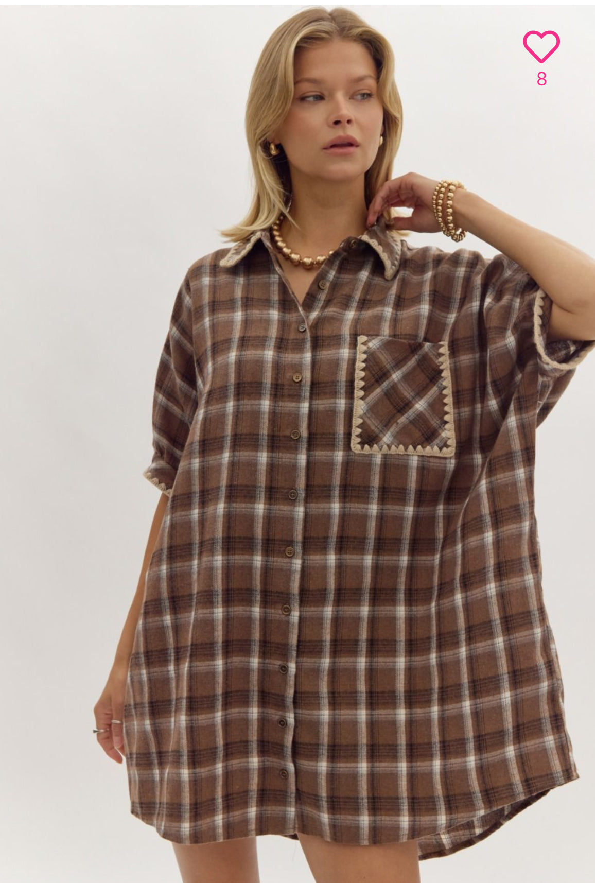 BROWN PLAID COLLAR BUTTON DRESS