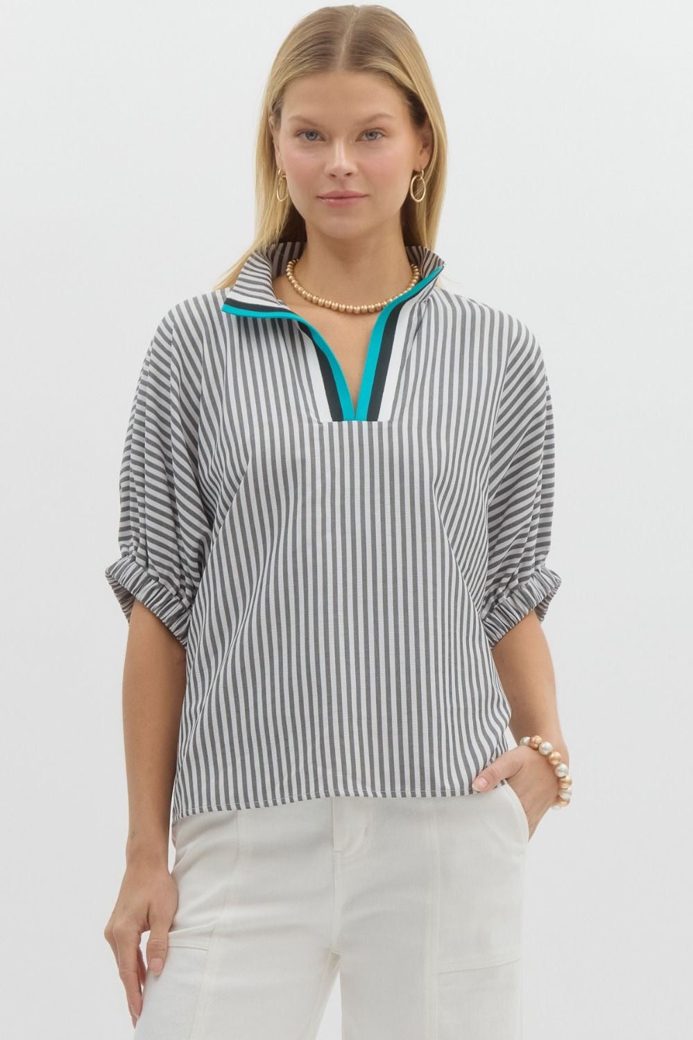 BLACK STRIPED ACCENTED NECK TOP