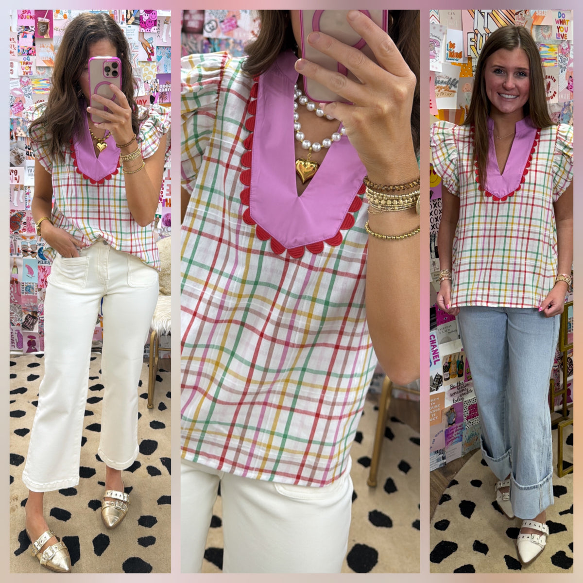 WHITE MULTI COLORED CHECKERED RUFFLE SCALLOPED TOP