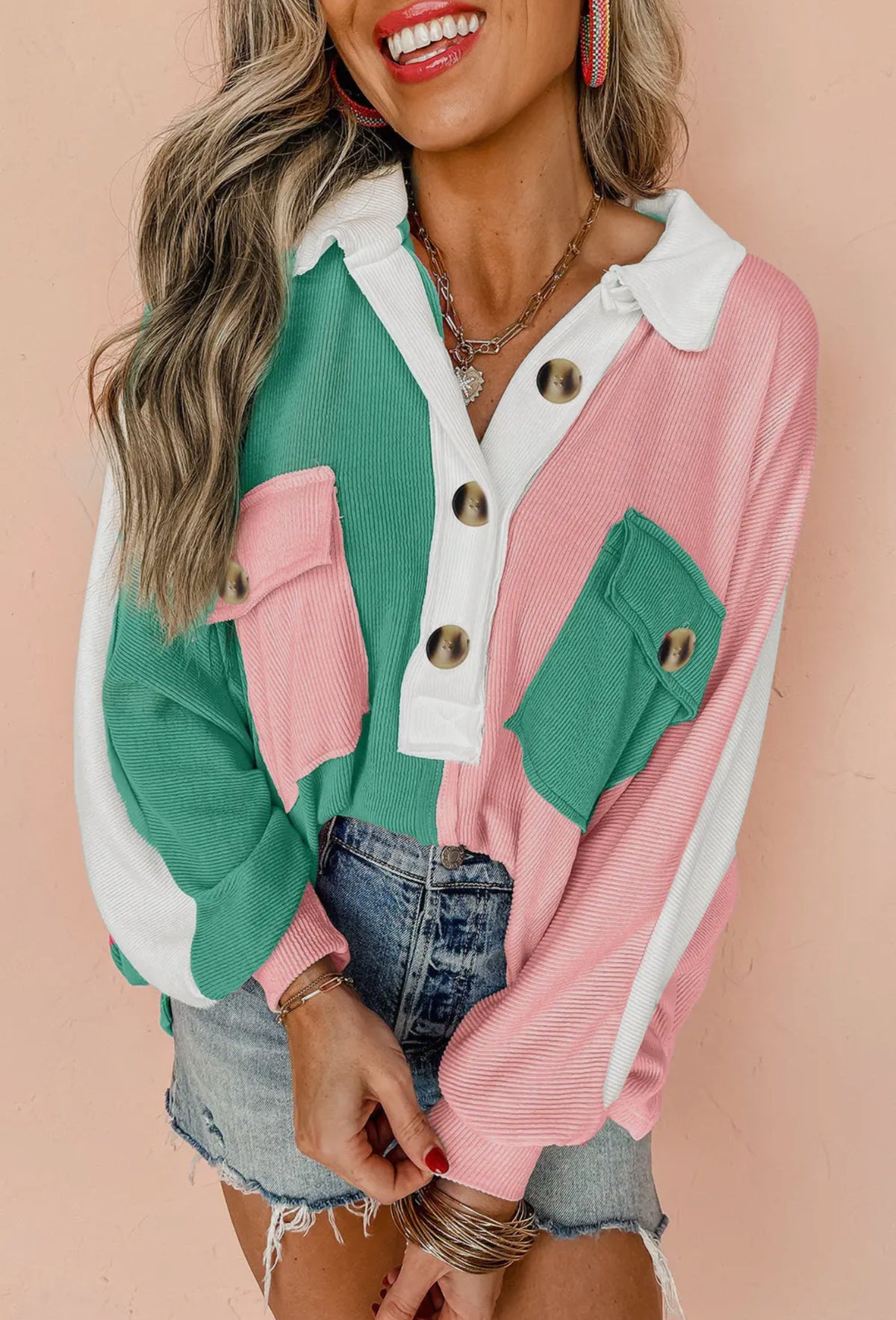 PINK AND GREEN RIBBED COLLARED OVERSIZED TOP