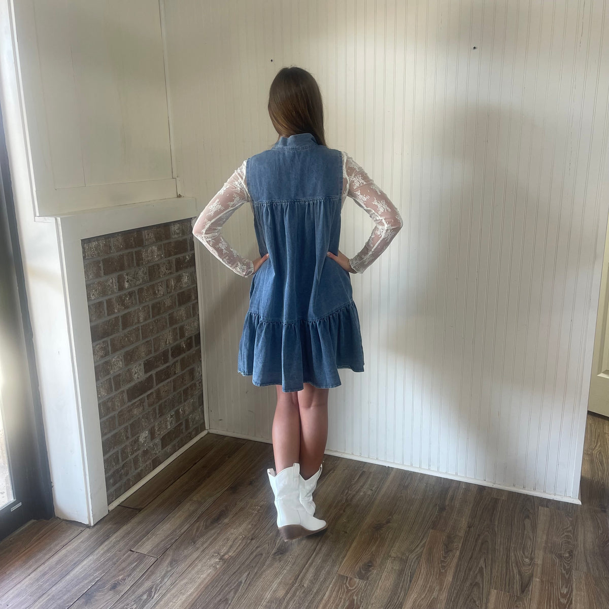 LT DENIM TIE NECK DRESS