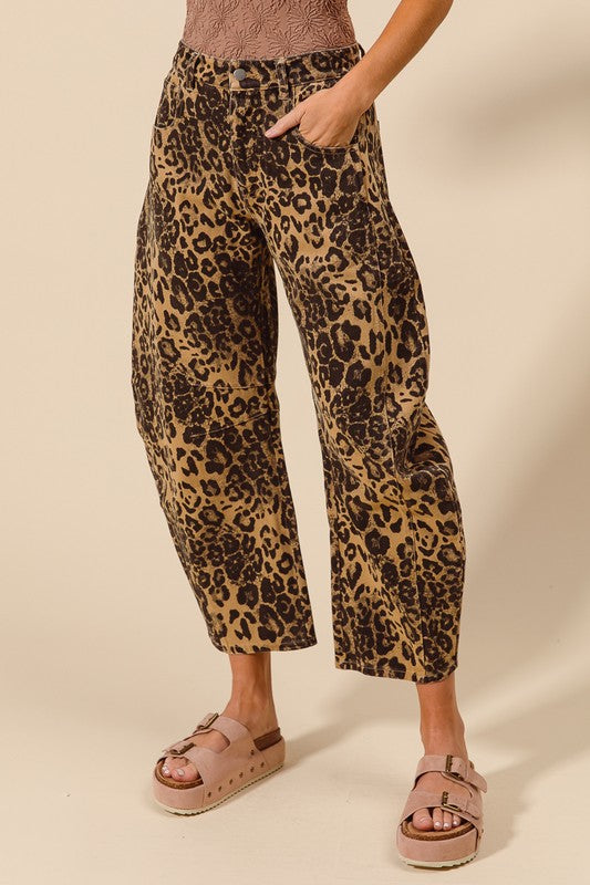 LEOPARD MID RISE BARREL PANT