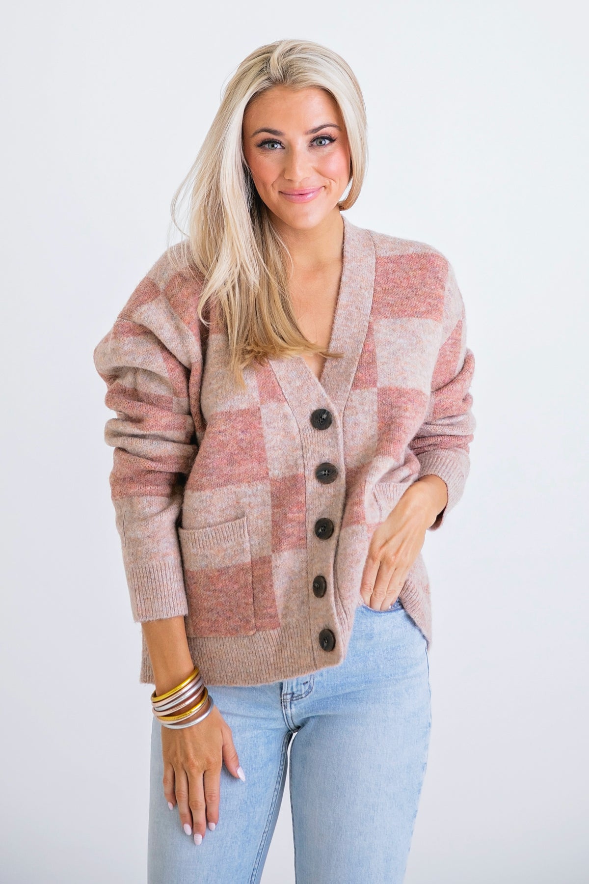 BLUSH SQUARE CHECK CARDIGAN SWEATER