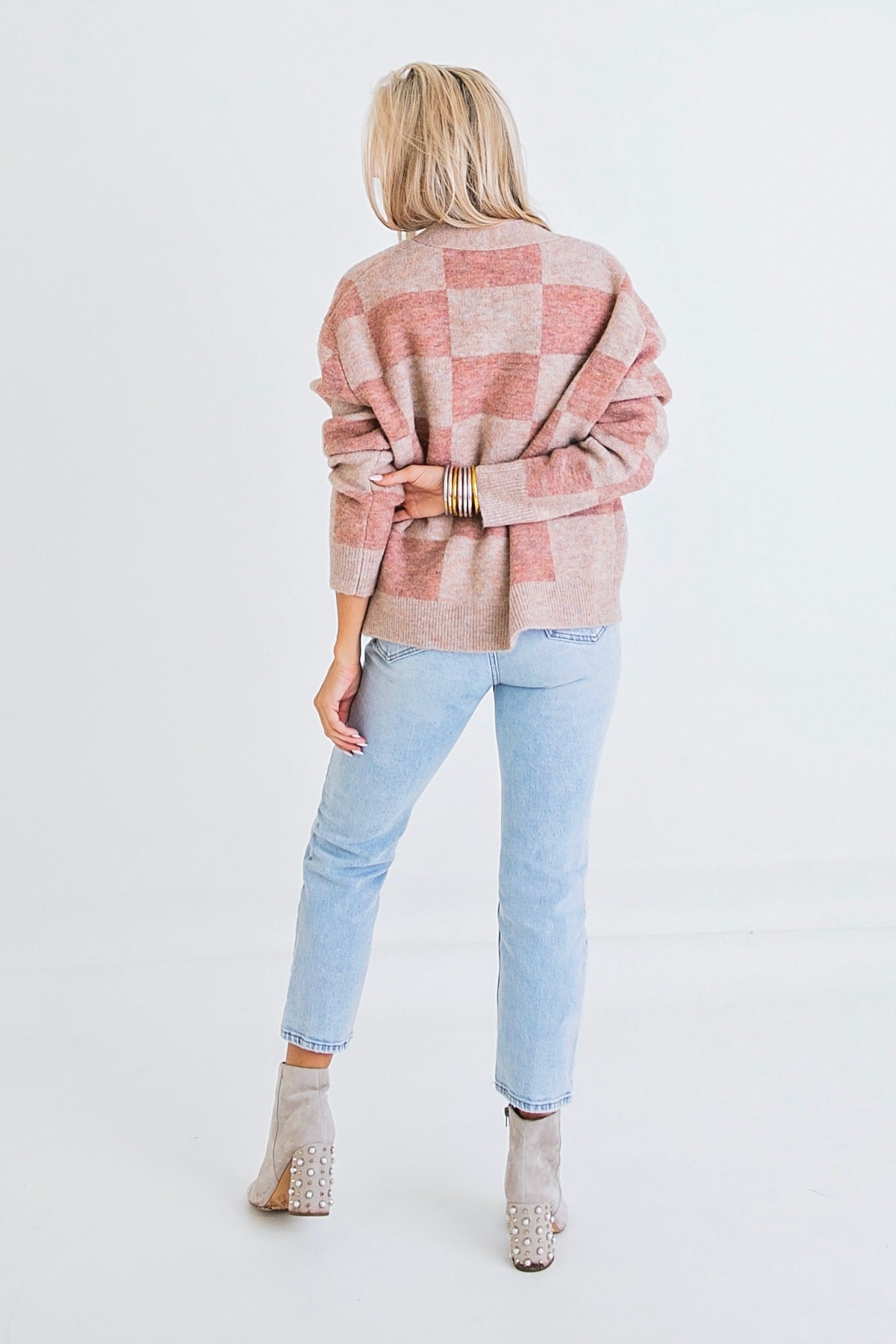 BLUSH SQUARE CHECK CARDIGAN SWEATER