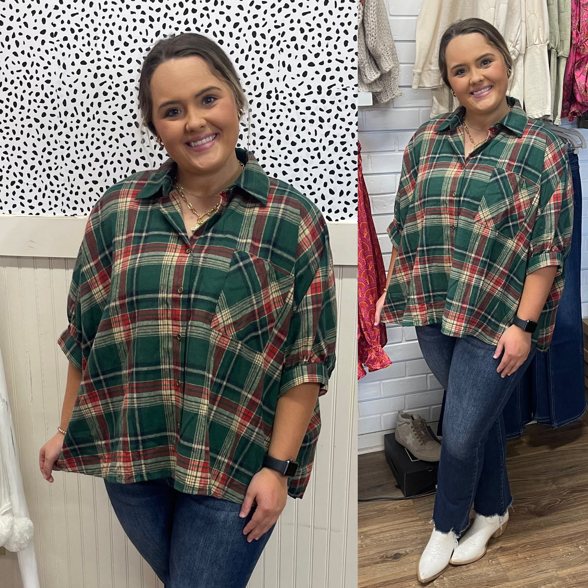 GREEN AND RED PLAID OVERSIZE BUTTON TOP