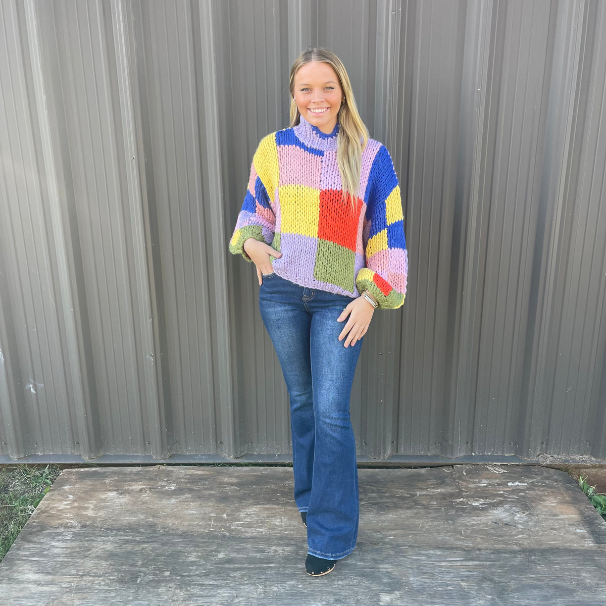 MULTI COLORBLOCK CROCHET MOCK SWEATER