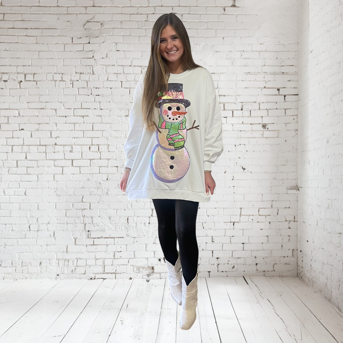 WHITE METALLIC OVERSIZED SNOWMAN SWEATSHIRT DRESS