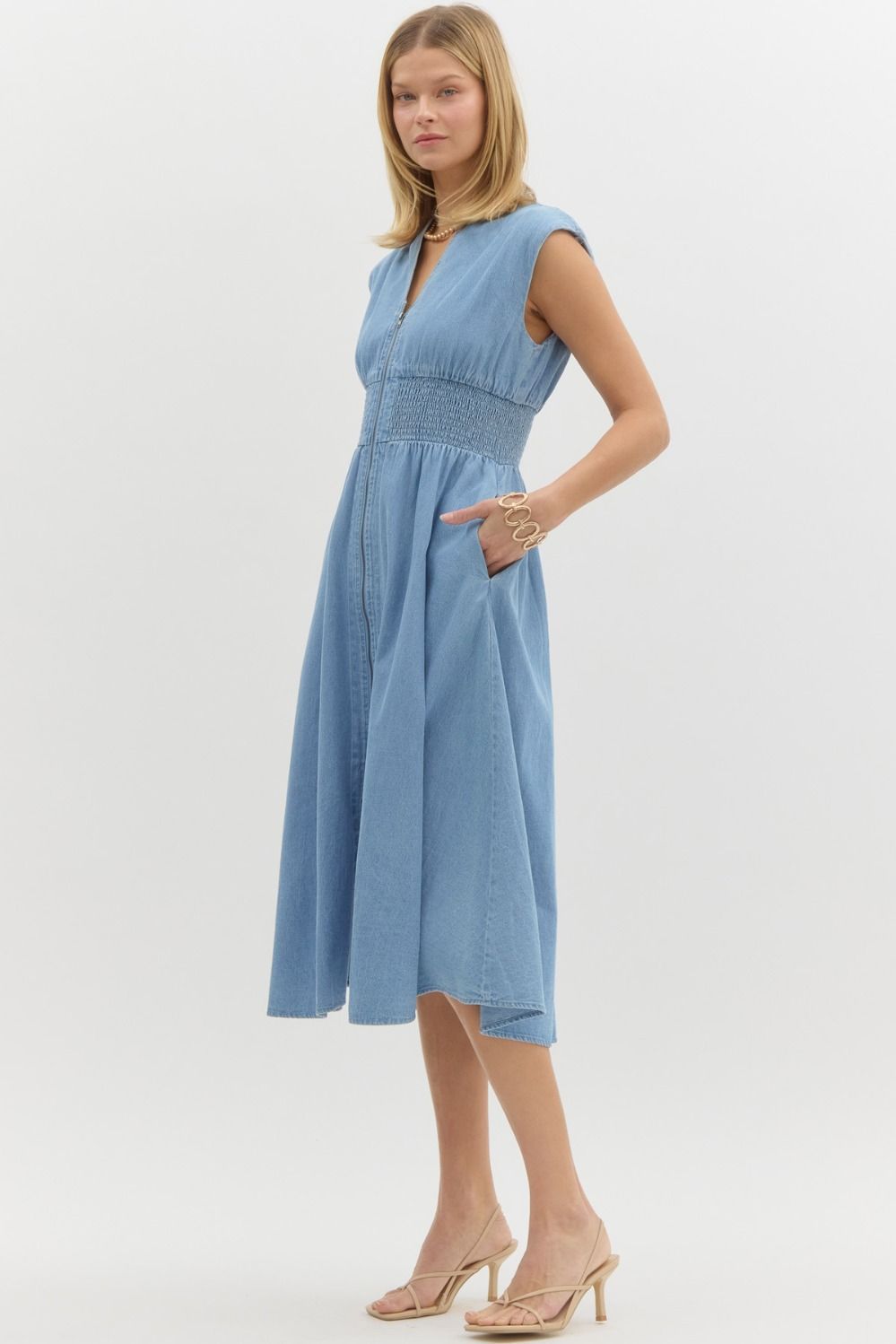 DENIM SMOCKED WAIST MIDI DRESS