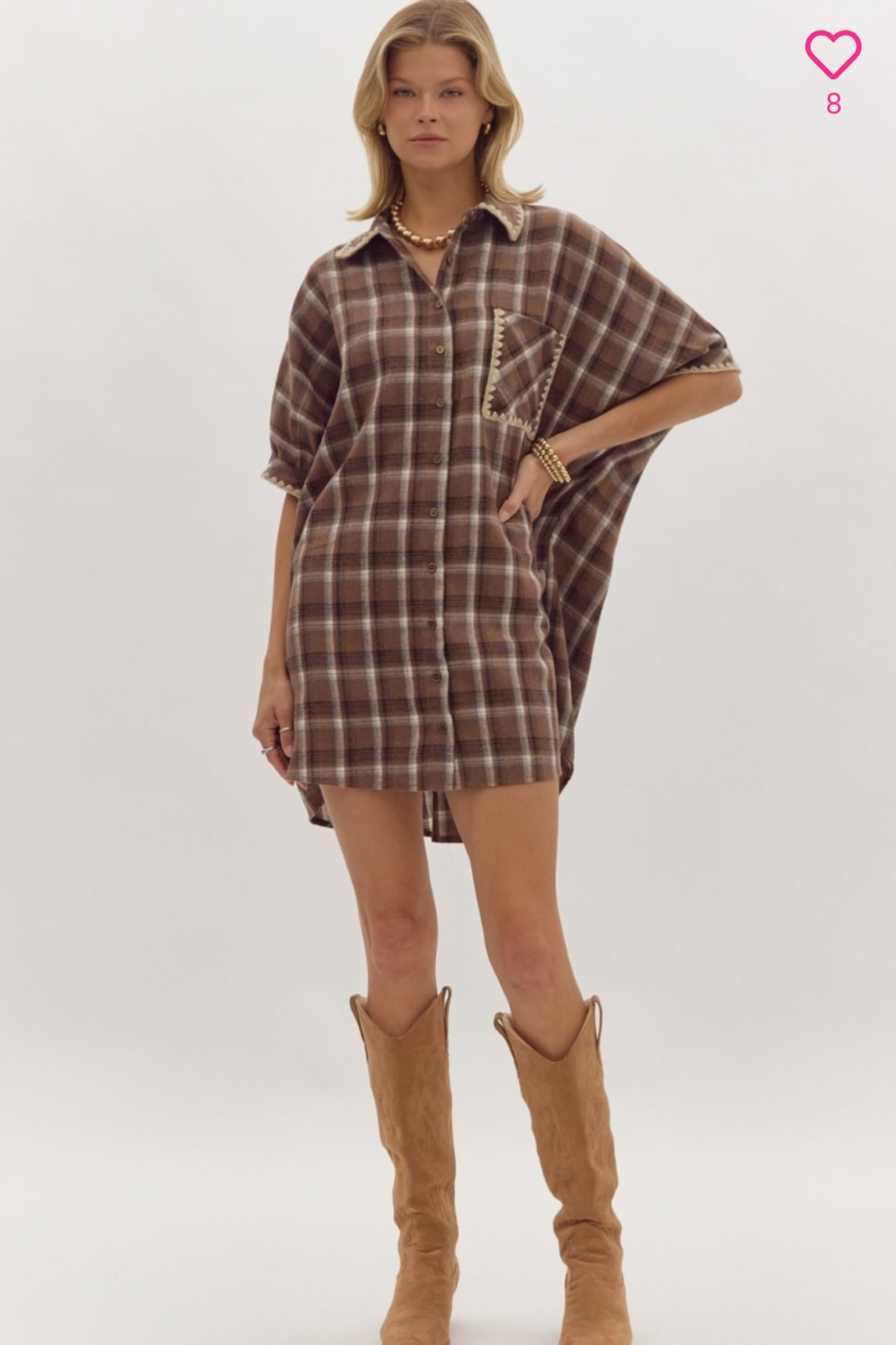 BROWN PLAID COLLAR BUTTON DRESS