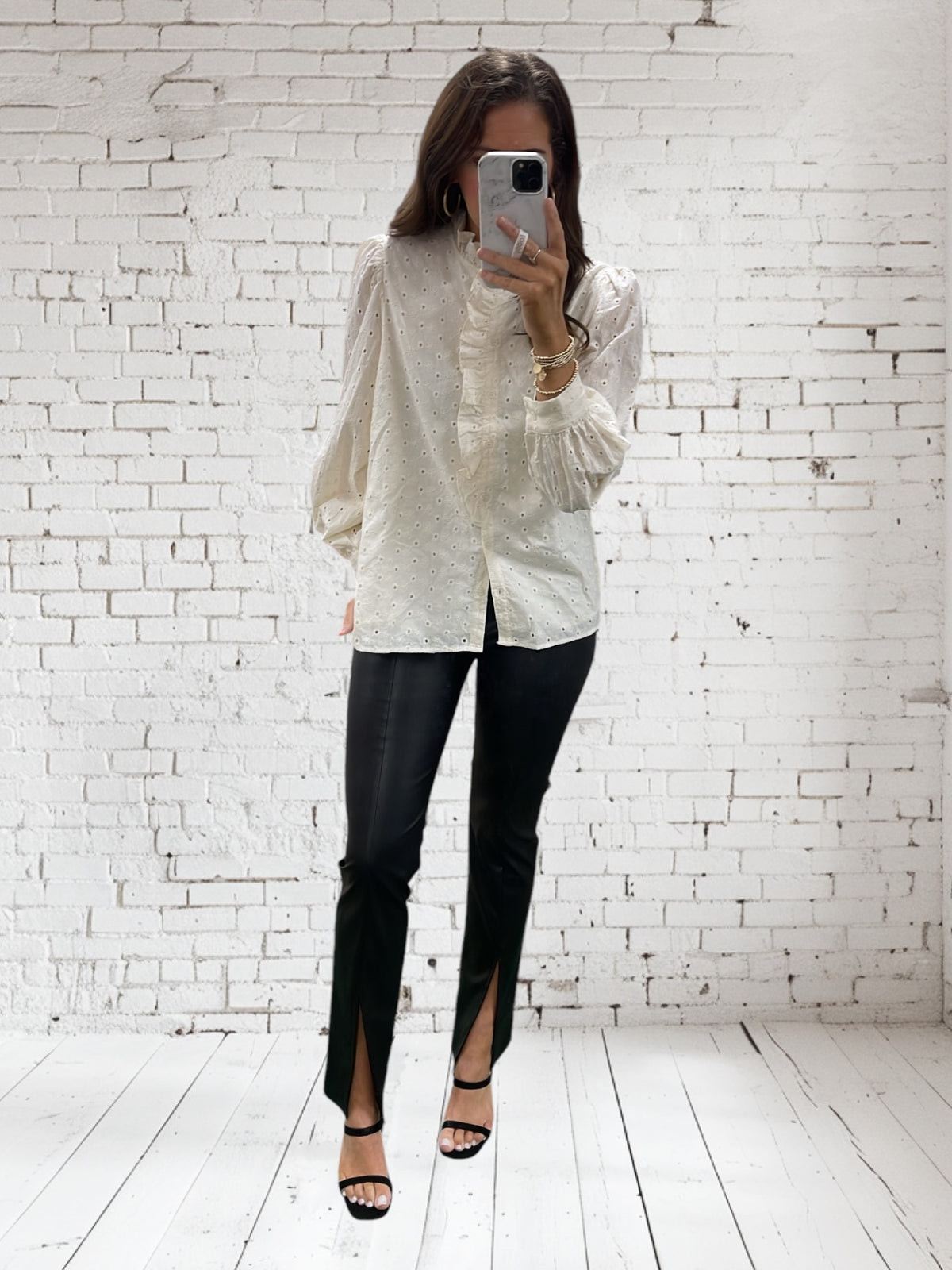 CREAM EYELET RUFFLE BUTTON BLOUSE