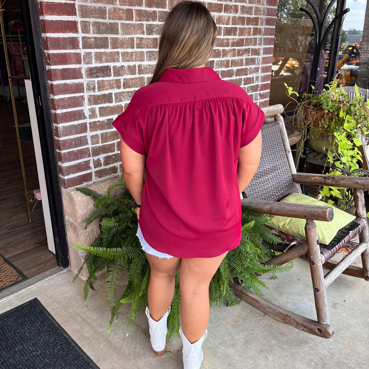 BURGUNDY COLLARED HALF BUTTON  TOP