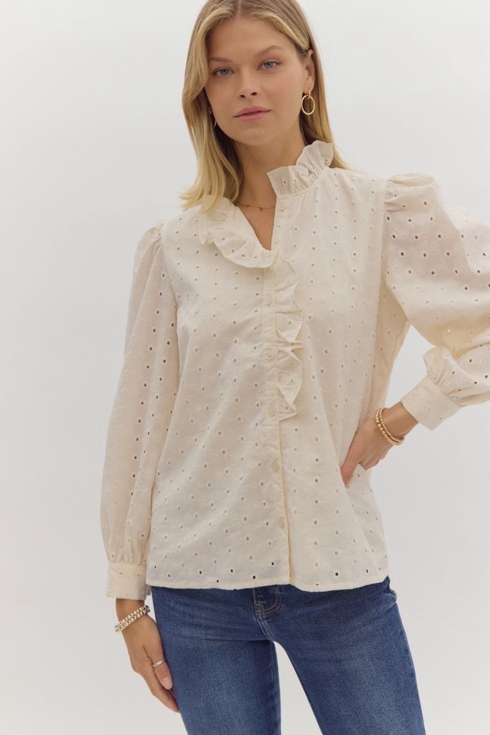 CREAM EYELET RUFFLE BUTTON BLOUSE