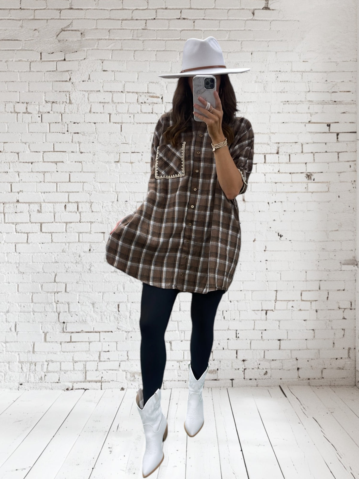 BROWN PLAID COLLAR BUTTON DRESS