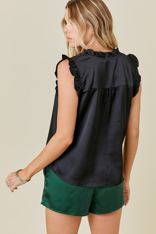 LACIE BLACK SATIN RUFFLE VNECK