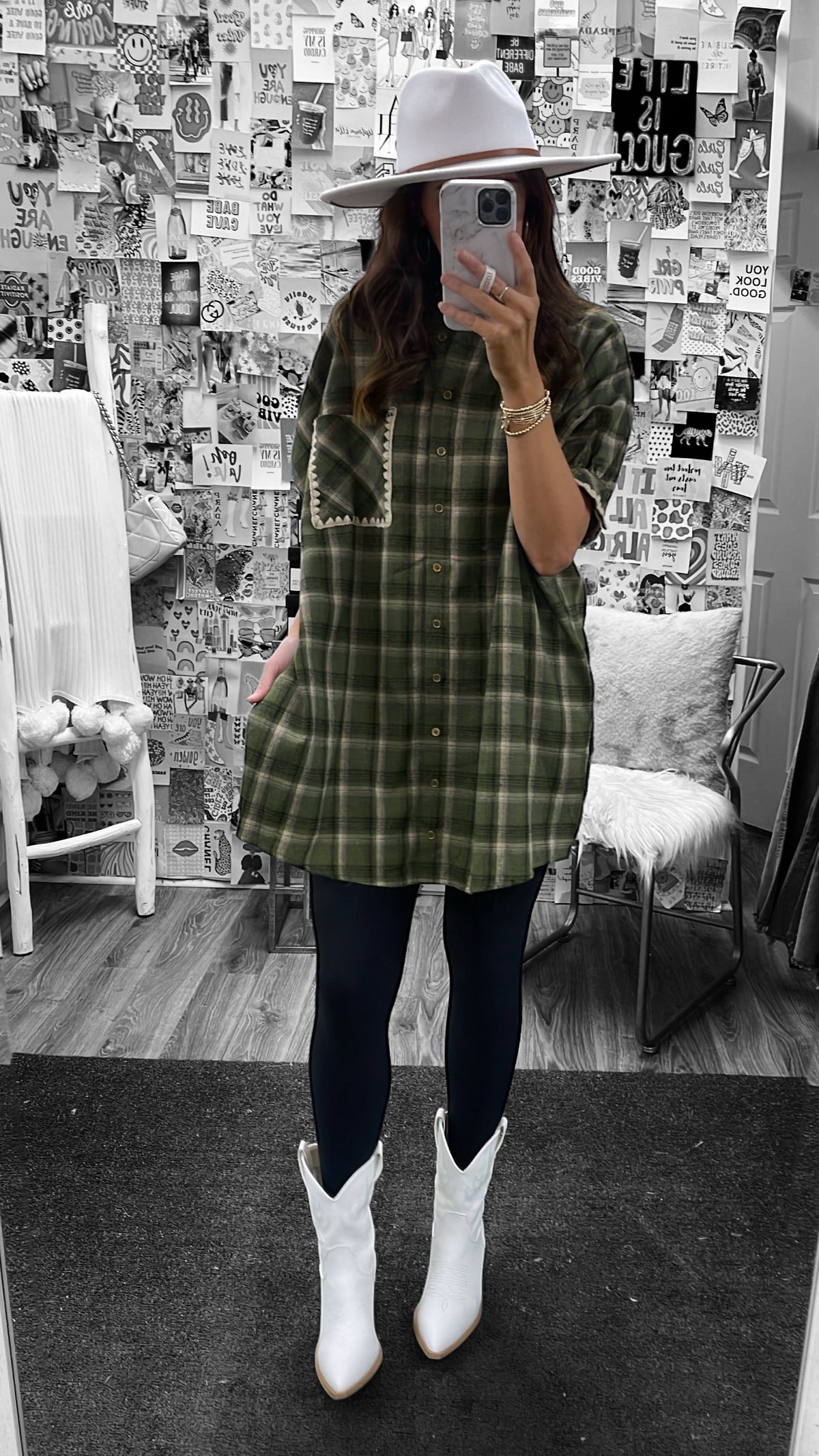 OLIVE PLAID COLLAR BUTTON DRESS