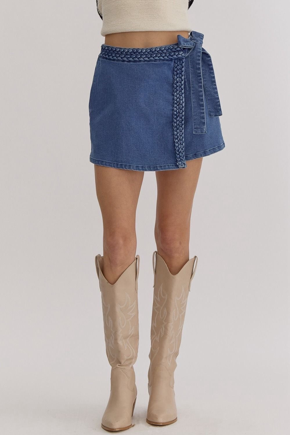 DENIM BRAIDED TIE SKORT