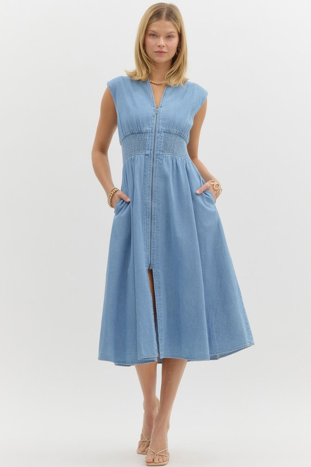 DENIM SMOCKED WAIST MIDI DRESS