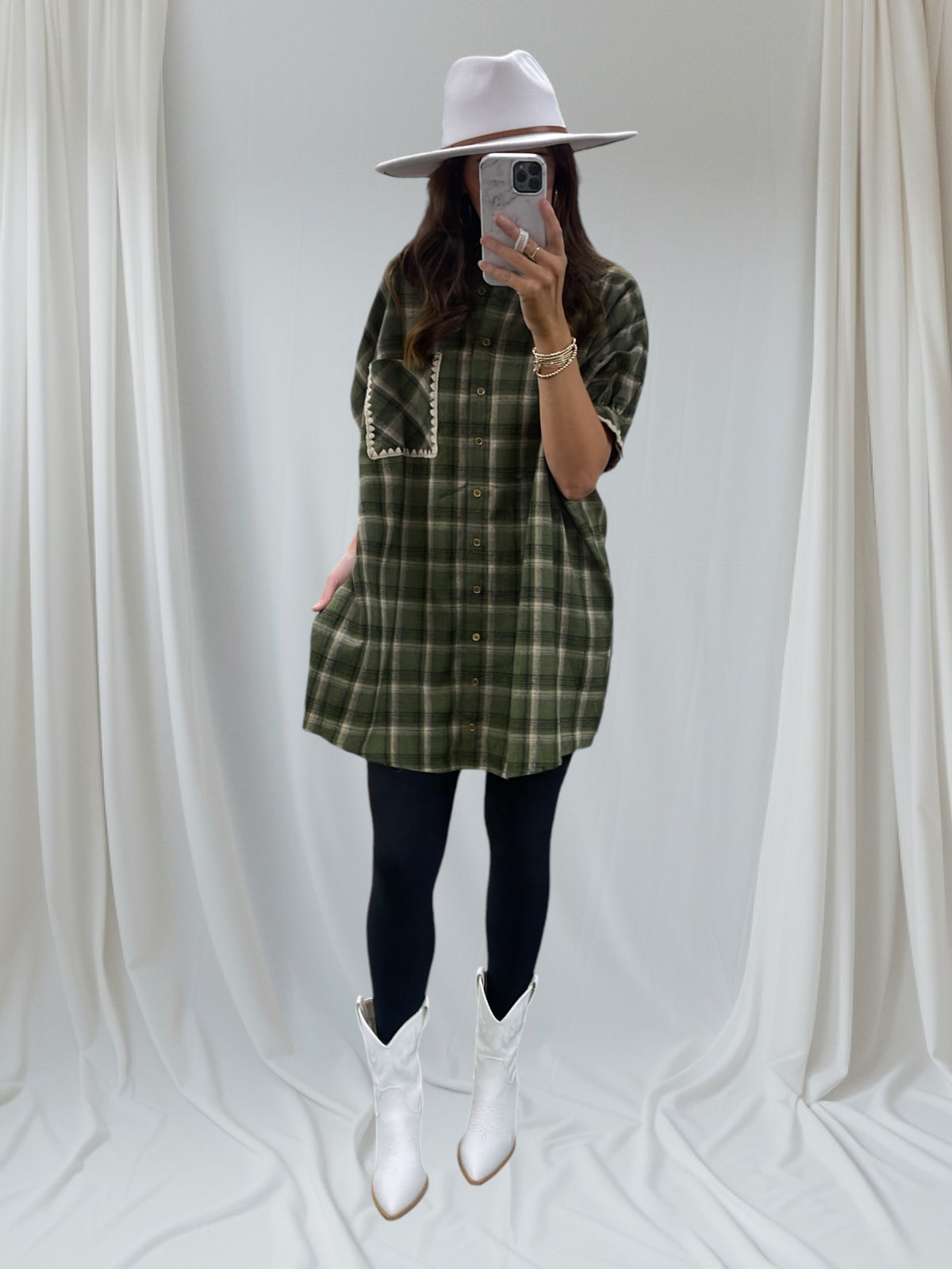 OLIVE PLAID COLLAR BUTTON DRESS