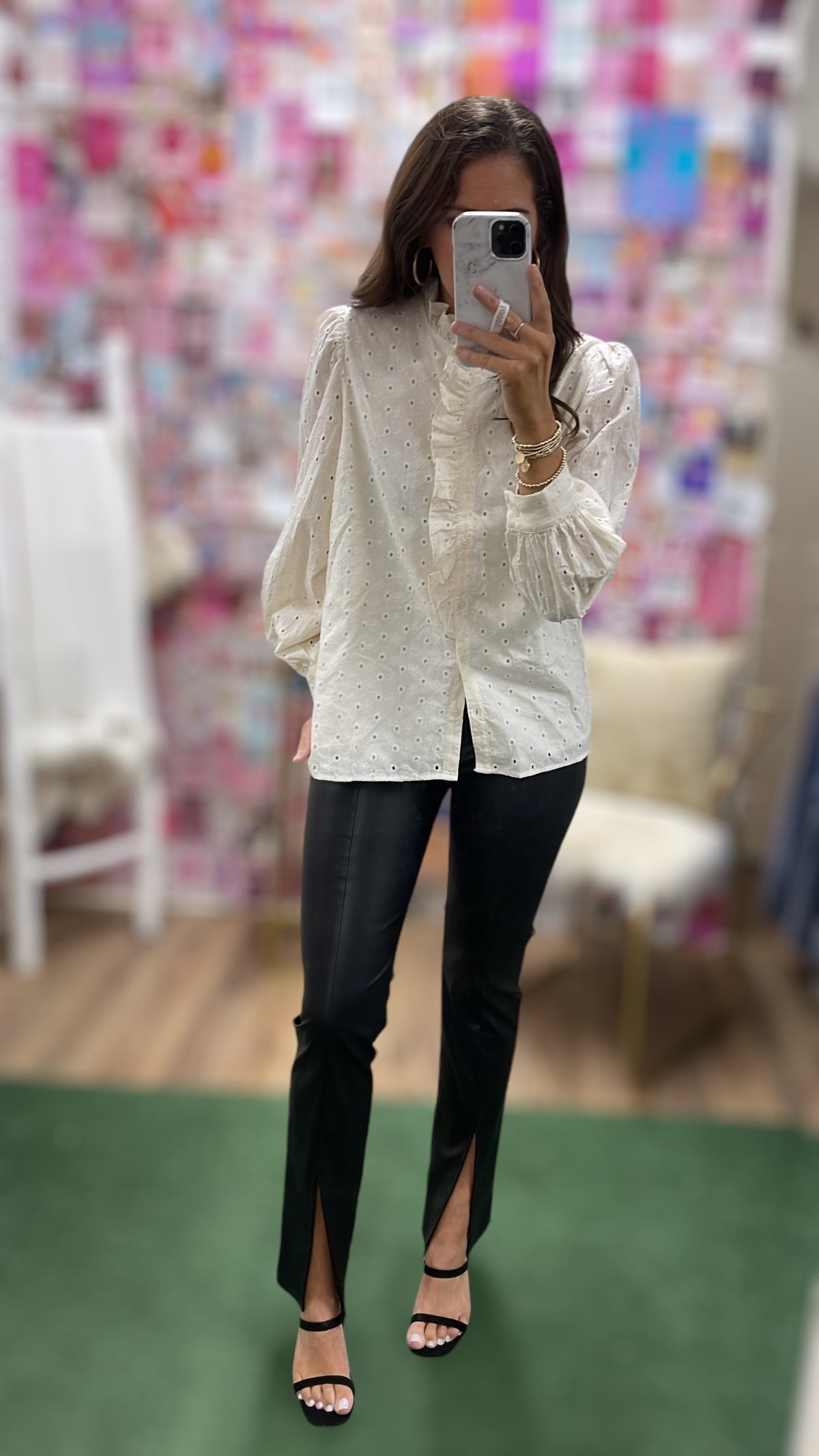 CREAM EYELET RUFFLE BUTTON BLOUSE