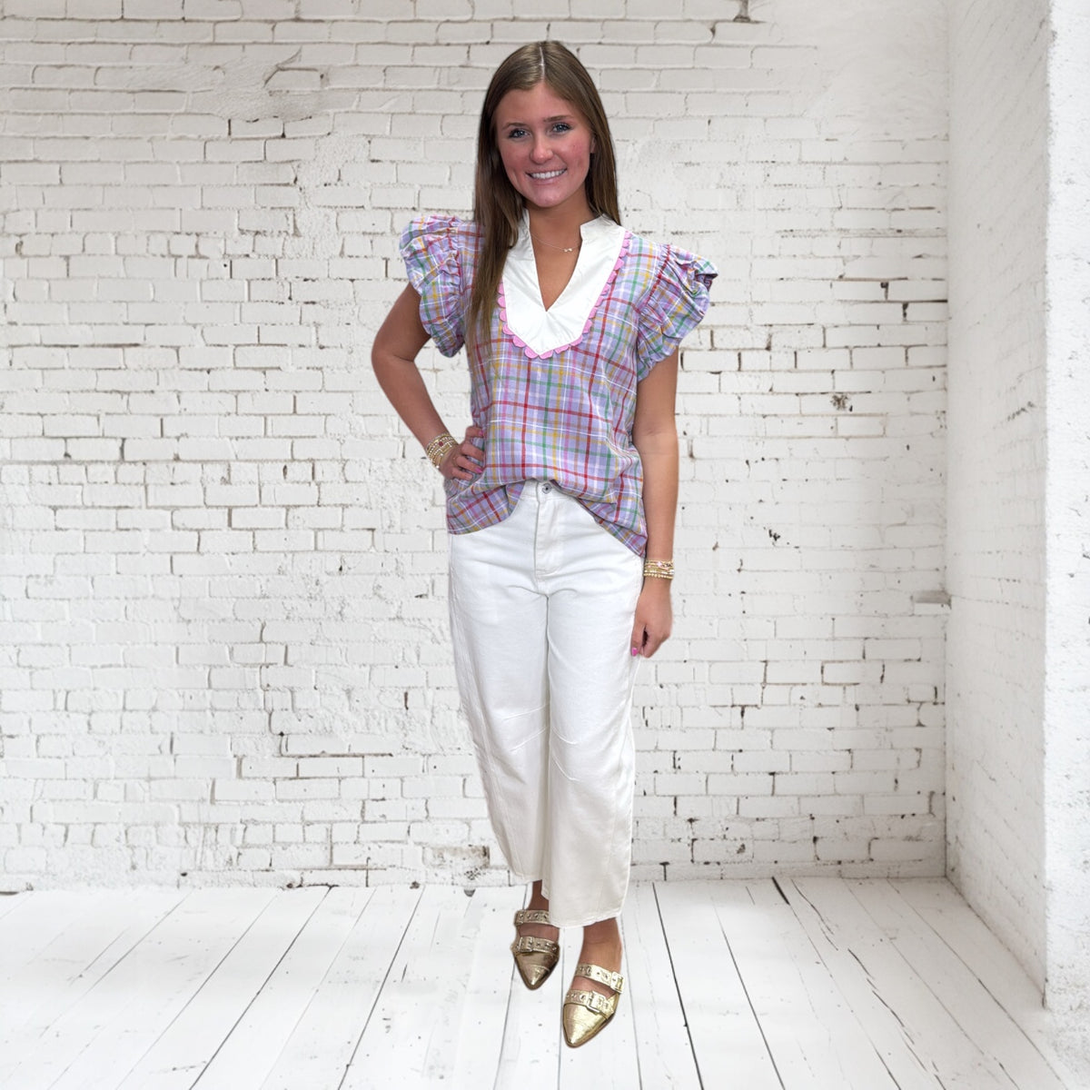 LAVENDER CHECKERED RUFFLE SCALLOPED TOP