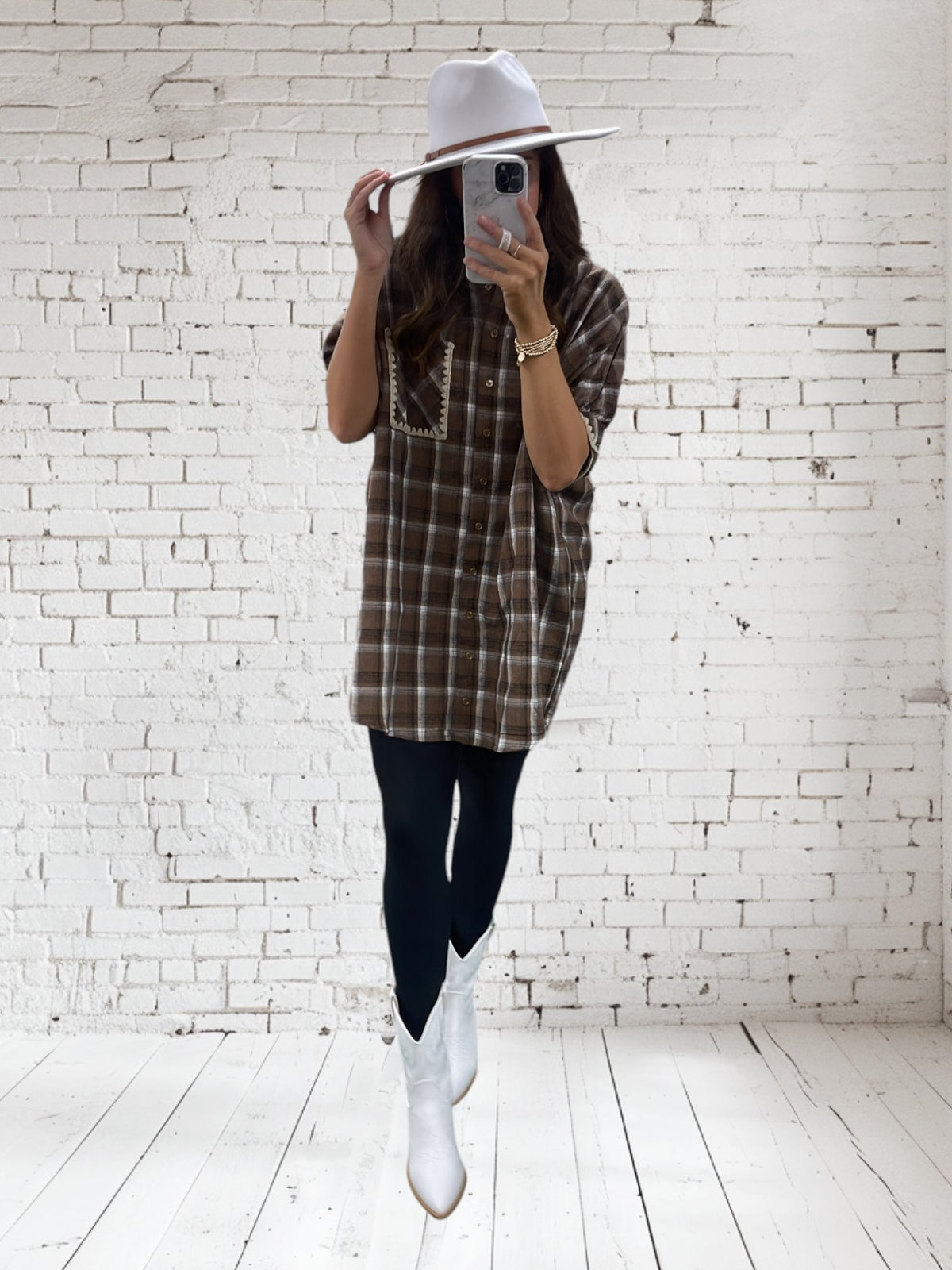 BROWN PLAID COLLAR BUTTON DRESS