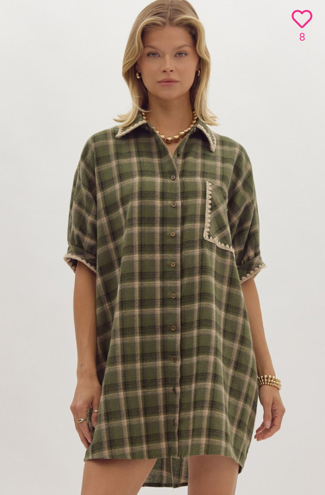 OLIVE PLAID COLLAR BUTTON DRESS