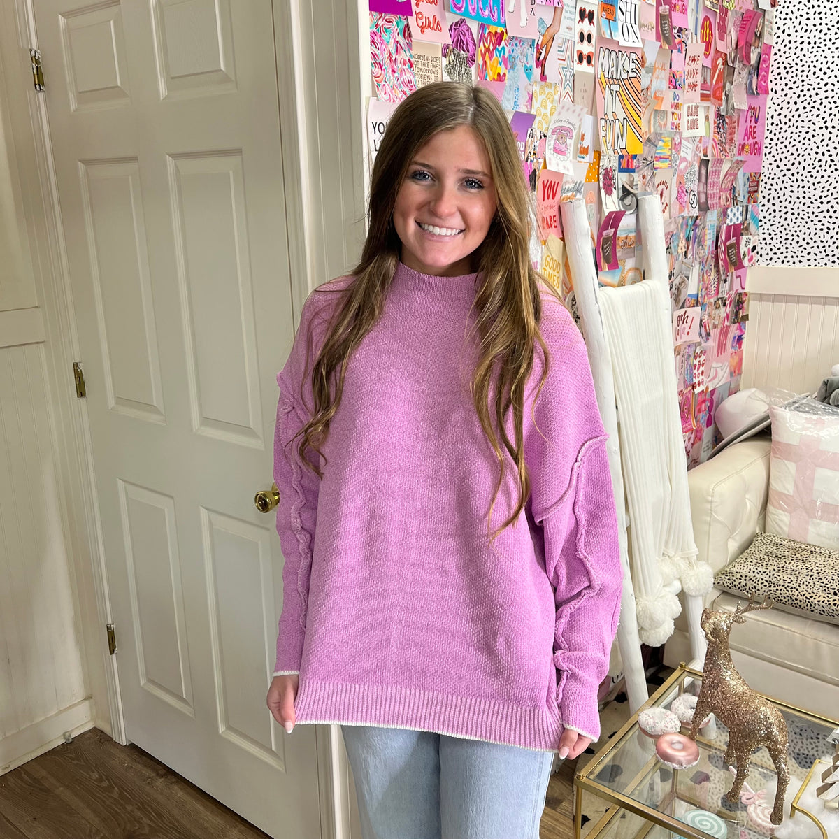 PINK OVERISZED CHENILLE MOCK NECK SWEATER