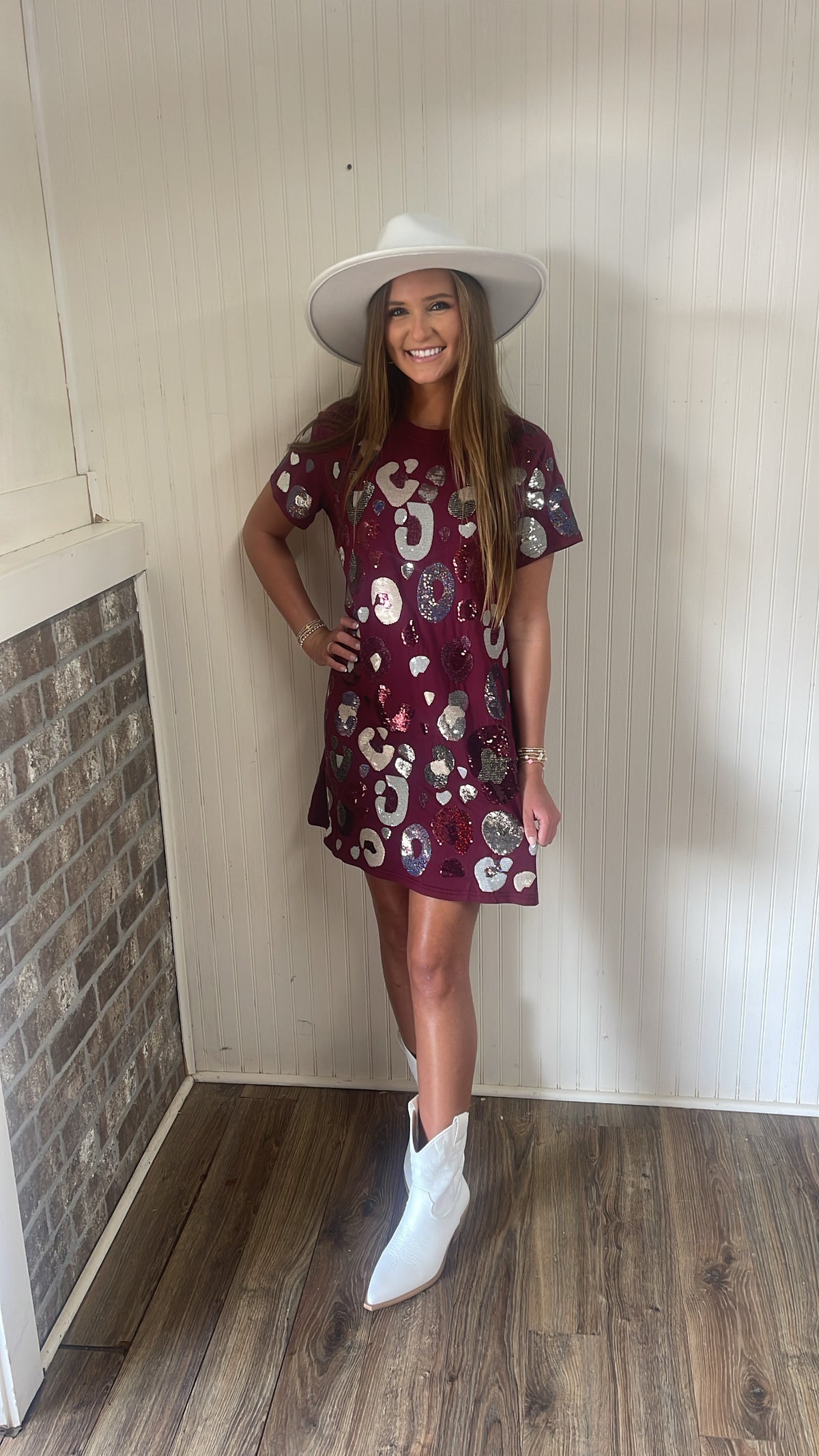 QOS MAROON LEOPARD SEQUIN TEE DRESS