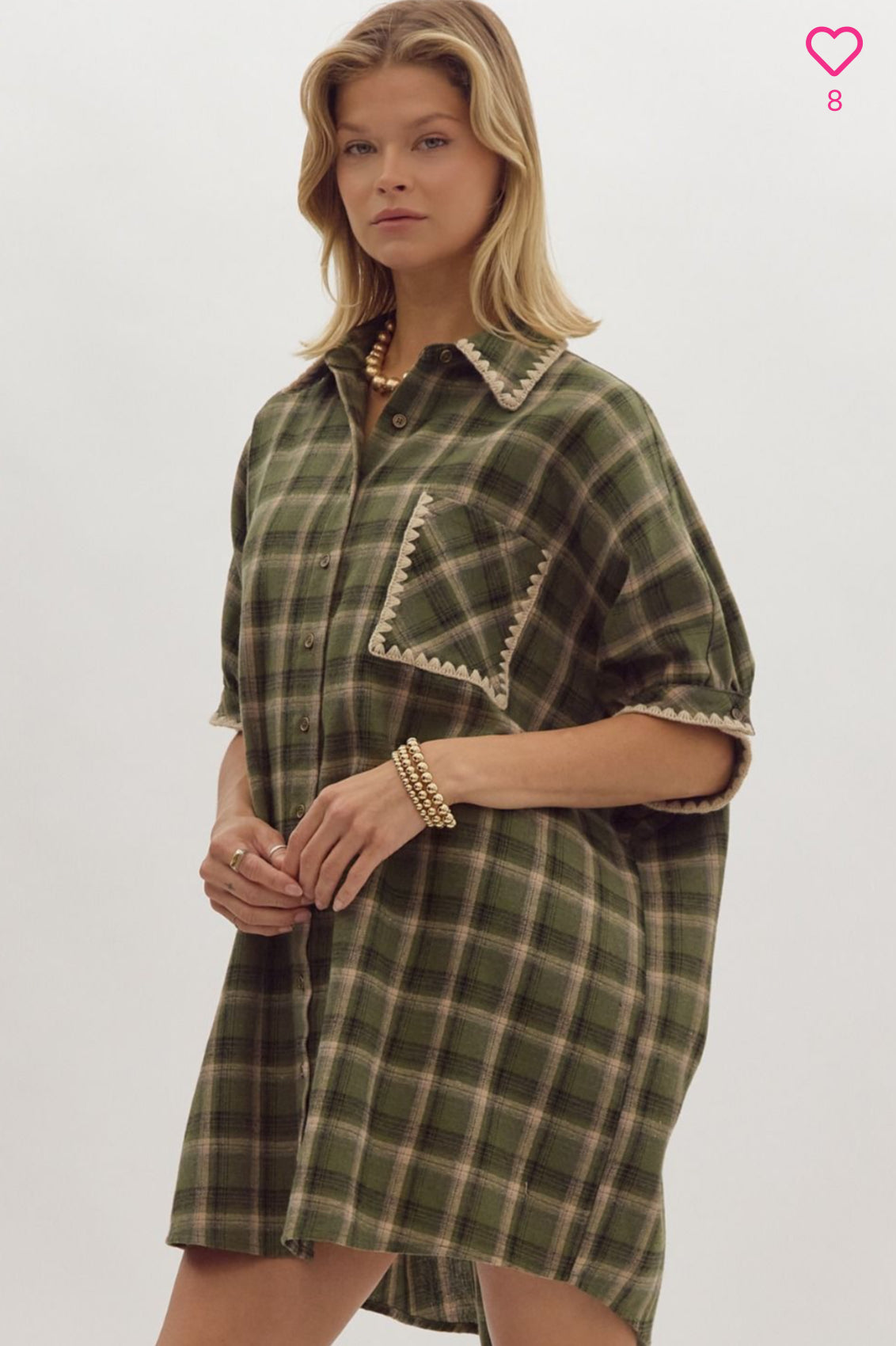 OLIVE PLAID COLLAR BUTTON DRESS