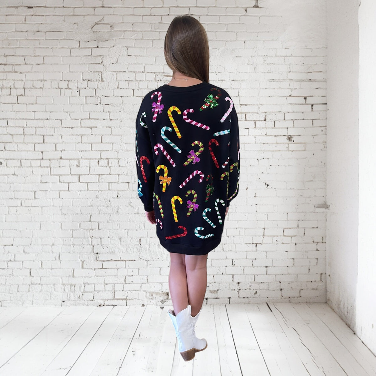 BLACK RAINBOW CANDY CANE SWEATSHIRT DRESS