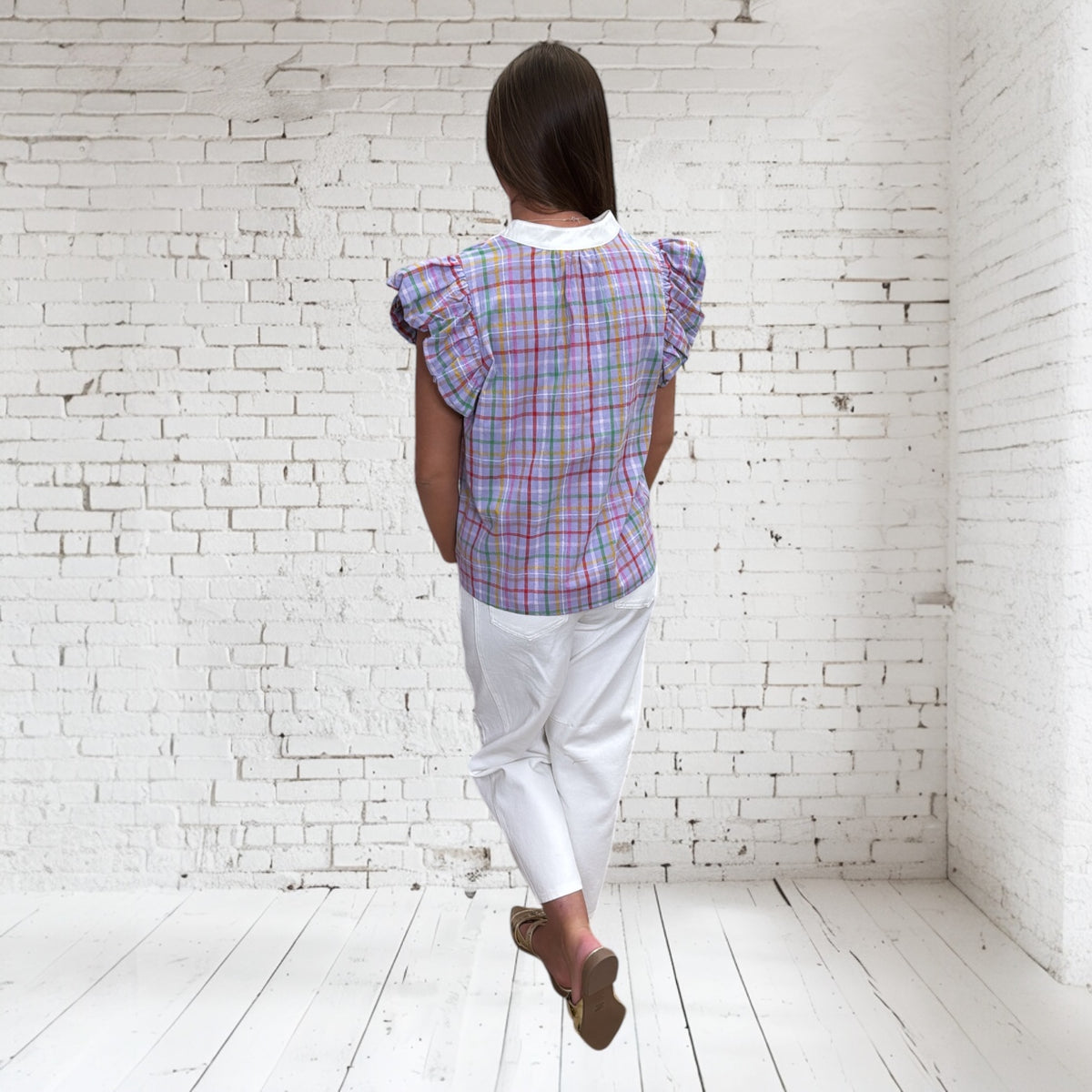 LAVENDER CHECKERED RUFFLE SCALLOPED TOP