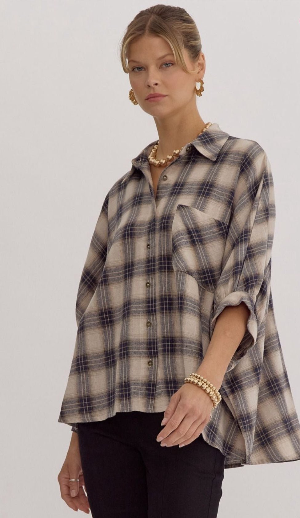 TAUPE PLAID SHORT SLV BUTTON TOP