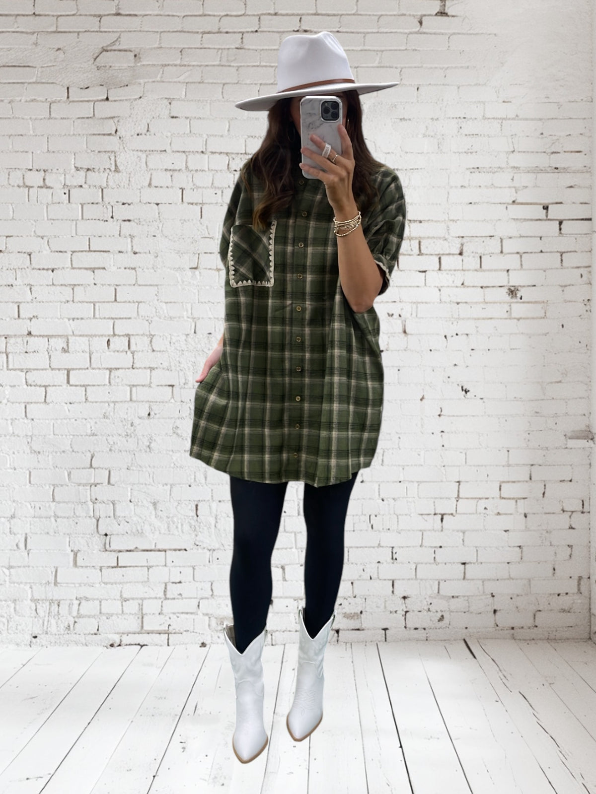 OLIVE PLAID COLLAR BUTTON DRESS