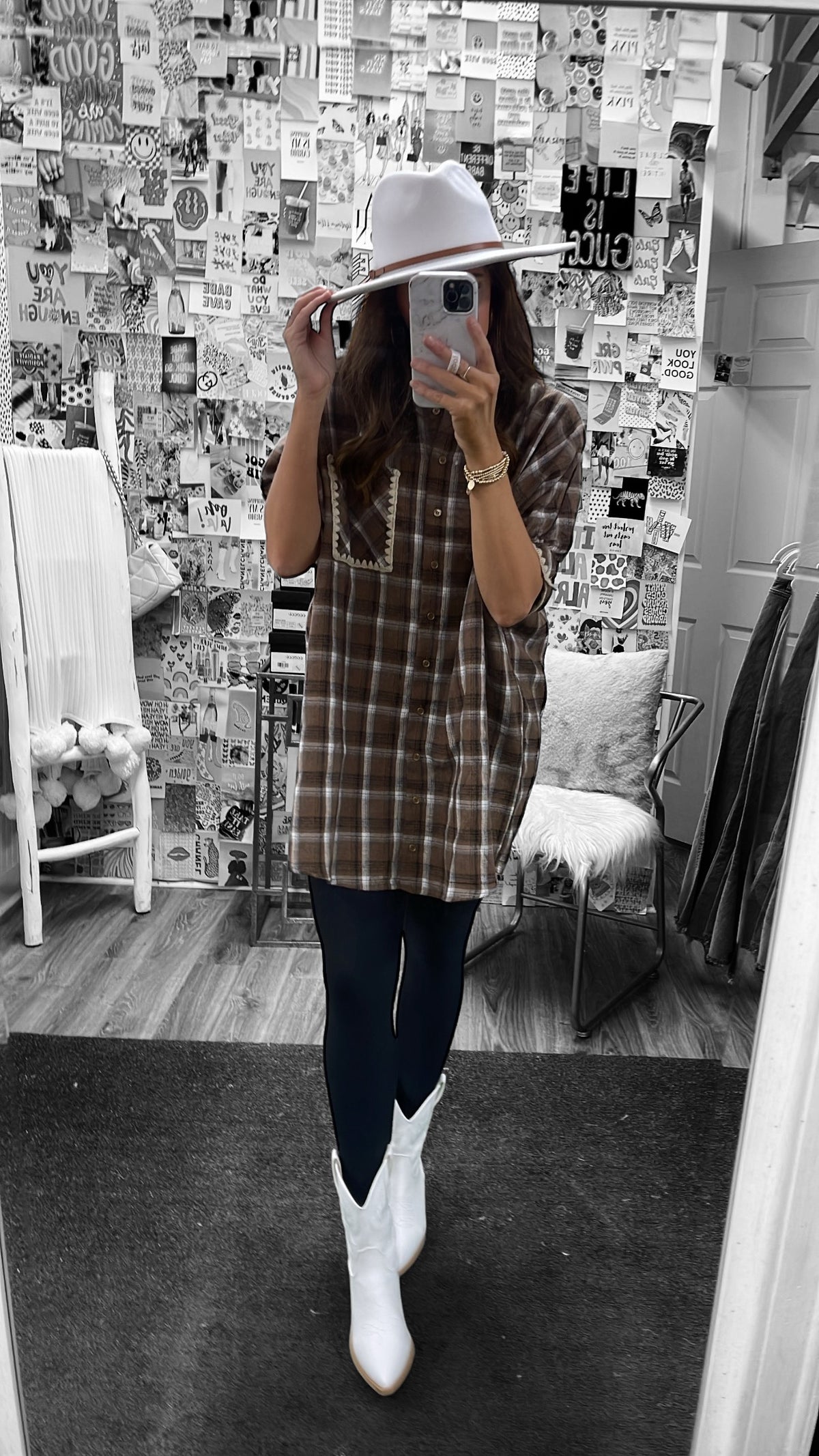 BROWN PLAID COLLAR BUTTON DRESS