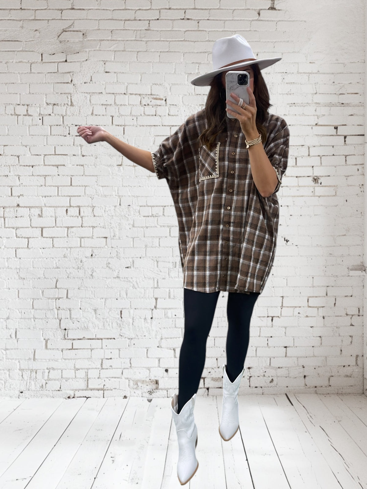 BROWN PLAID COLLAR BUTTON DRESS