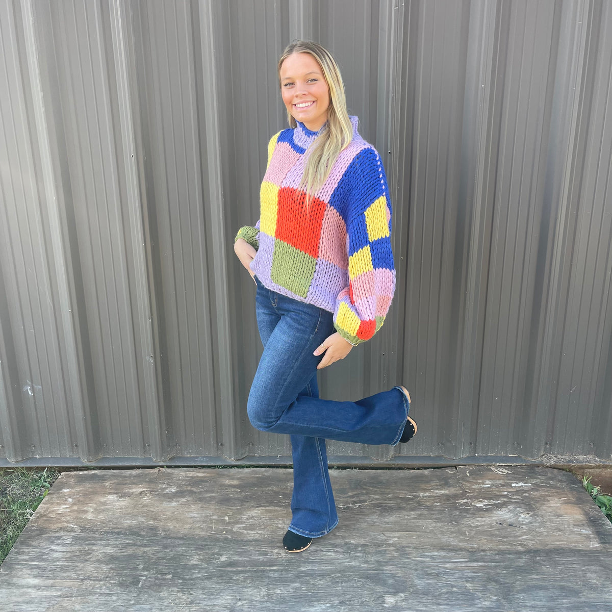 MULTI COLORBLOCK CROCHET MOCK SWEATER