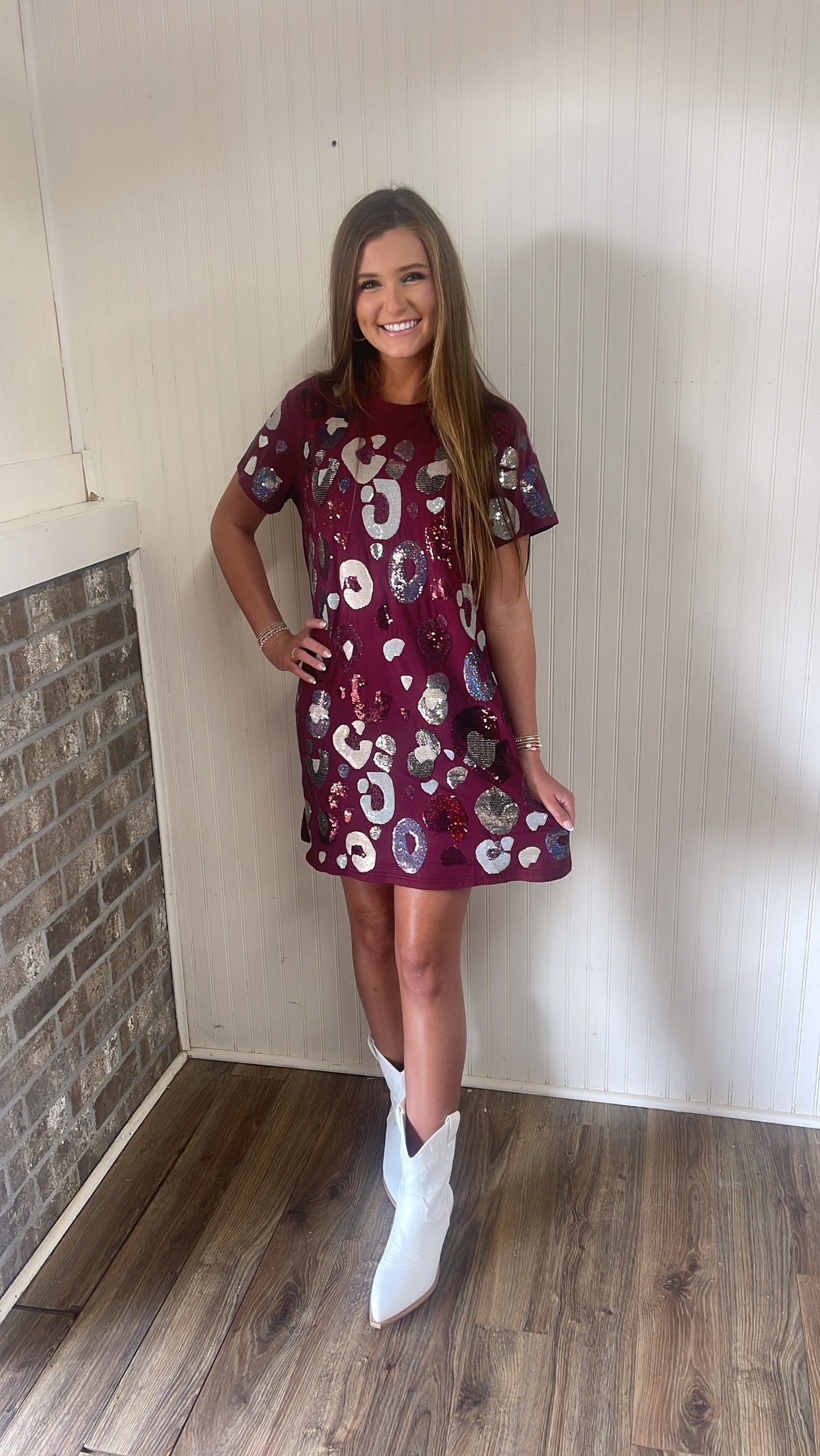 QOS MAROON LEOPARD SEQUIN TEE DRESS